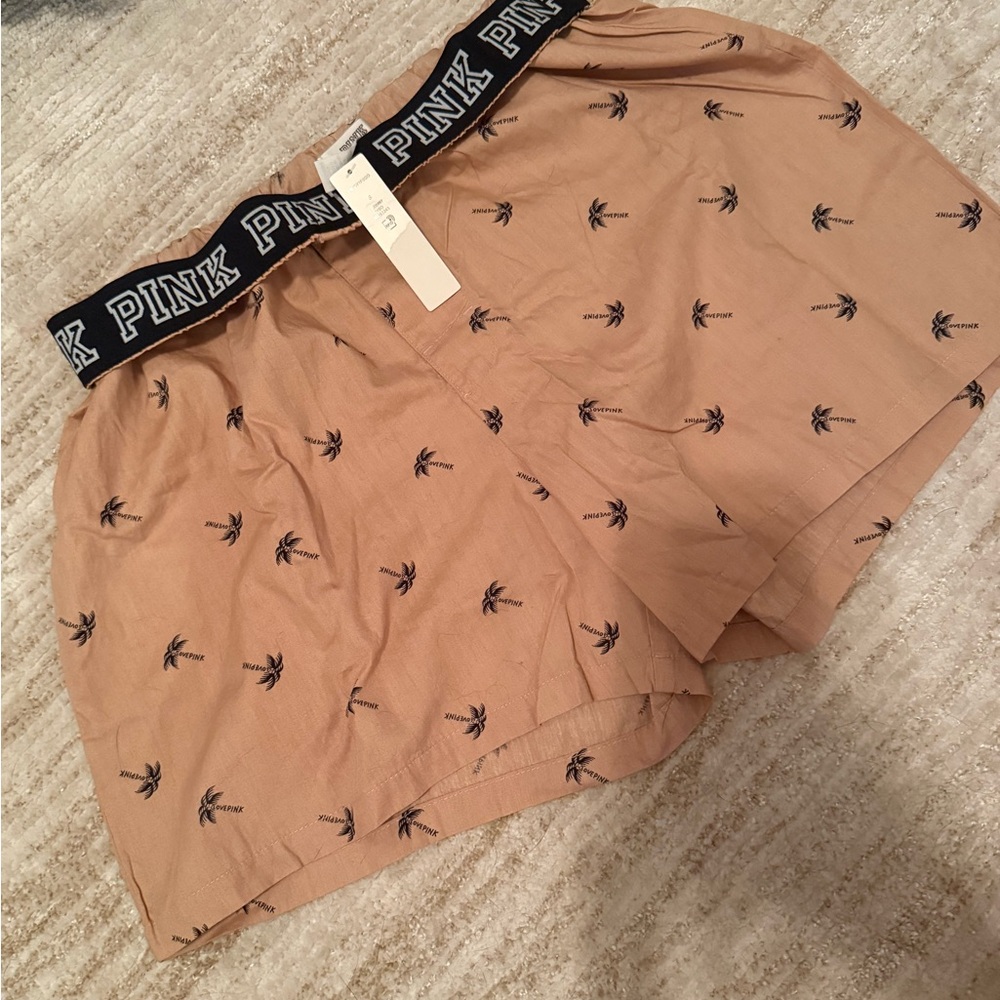 New Victoria’s Secret PINK Logo Tan Palm Boyfriend Boxer Sleep Shorts Medium